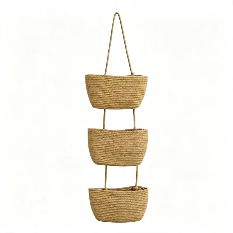 🌿 Cesta de almacenamiento colgante de pared de algodón tejido a mano, con 3 niveles desmontables – Organizador boho para hogar, baño y dormitorio
