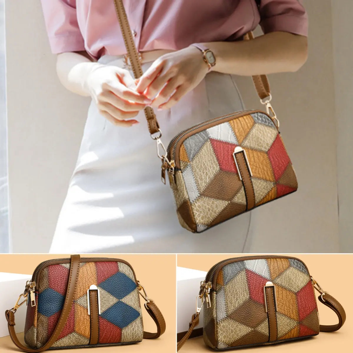 👜2026 nuevo bolso cruzado a cuadros con bloques de color a la moda para mujer