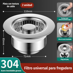 【Pack de 2】💪🛡️ Upgraded 3 en 1 Filtro de desagüe para fregadero de cocina – fabricado en acero inoxidable 304, resistente a la oxidación y duradero, tapón universal 🧽