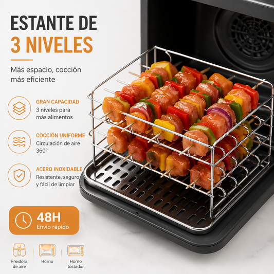 Parrilla de tres niveles, rejilla para freidora de aire de 30 pines, rejilla para asar al horno, acero inoxidable.