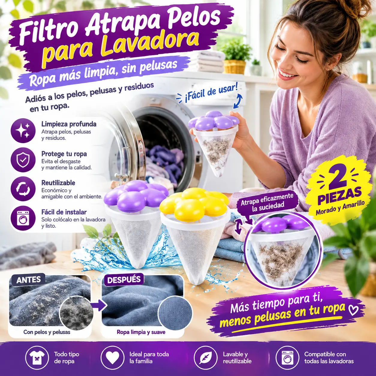 🌀6 piezas 25€✨ Filtro Flotante para Lavadora – Atrapa Pelusas, Cabellos y Pelos de Mascota en Cada Lavado 🧺