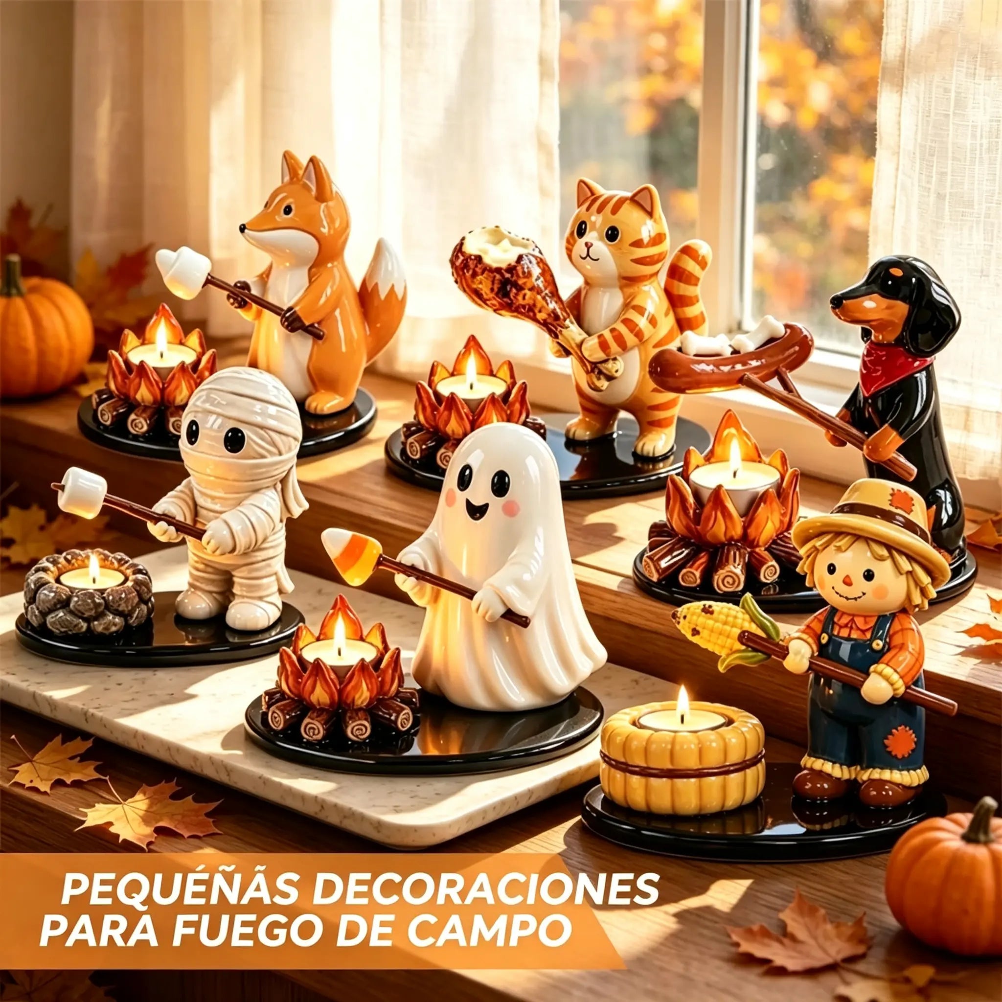 👻🔥 Portavelas de Fogata con Fantasmitas y Animales de Resina – Soporte para Vela de Té, Adorno de Escritorio 🕯️✨