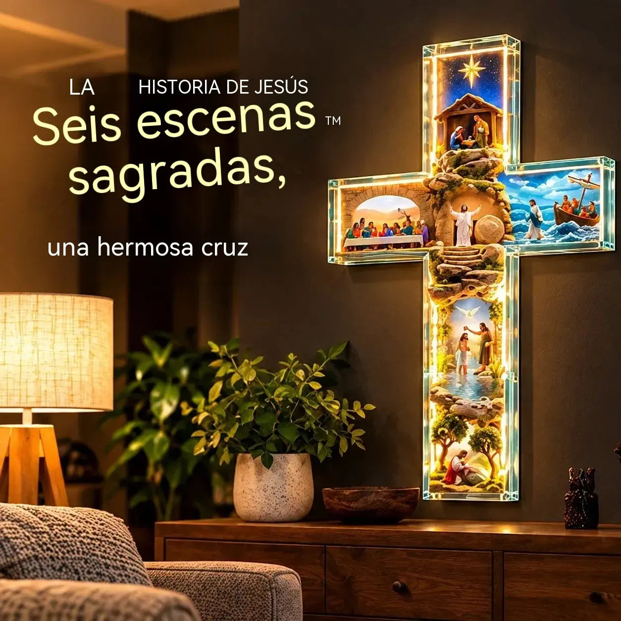 ✨ ¡Oferta a mitad de precio! ✝️ Lámpara en forma de cruz «La historia de Jesús: seis escenas»