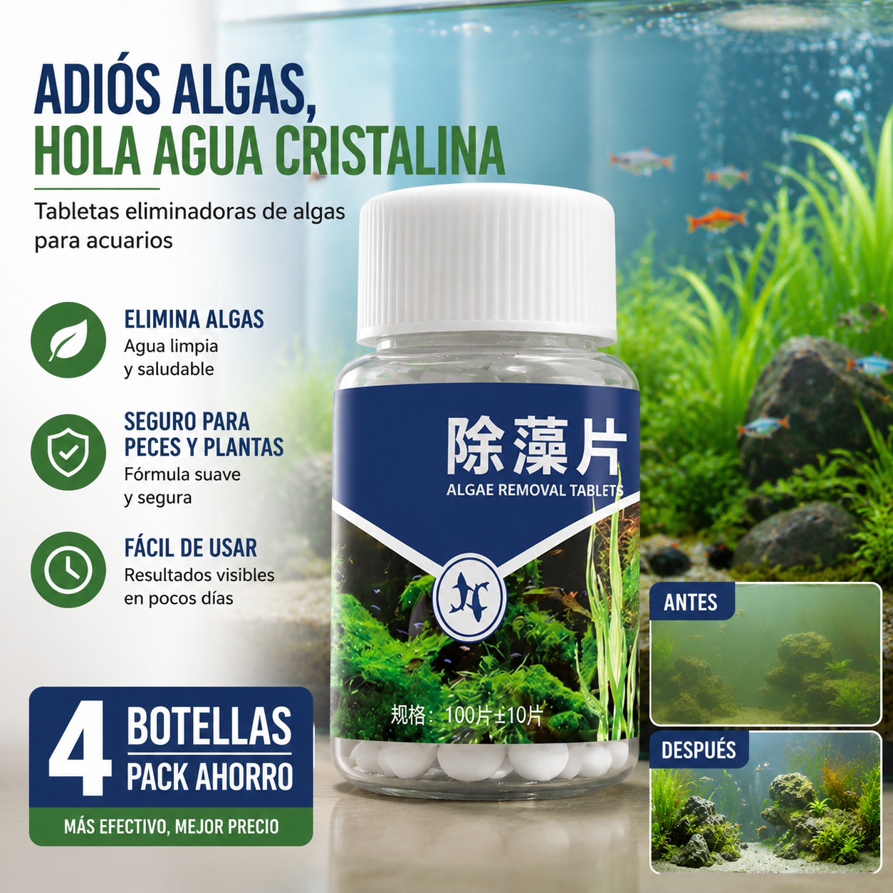 🔥Compra 2 y llévate 2 gratis (4 botellas-400 piezas)🐠🌿 Pastillas purificadoras de agua para acuario