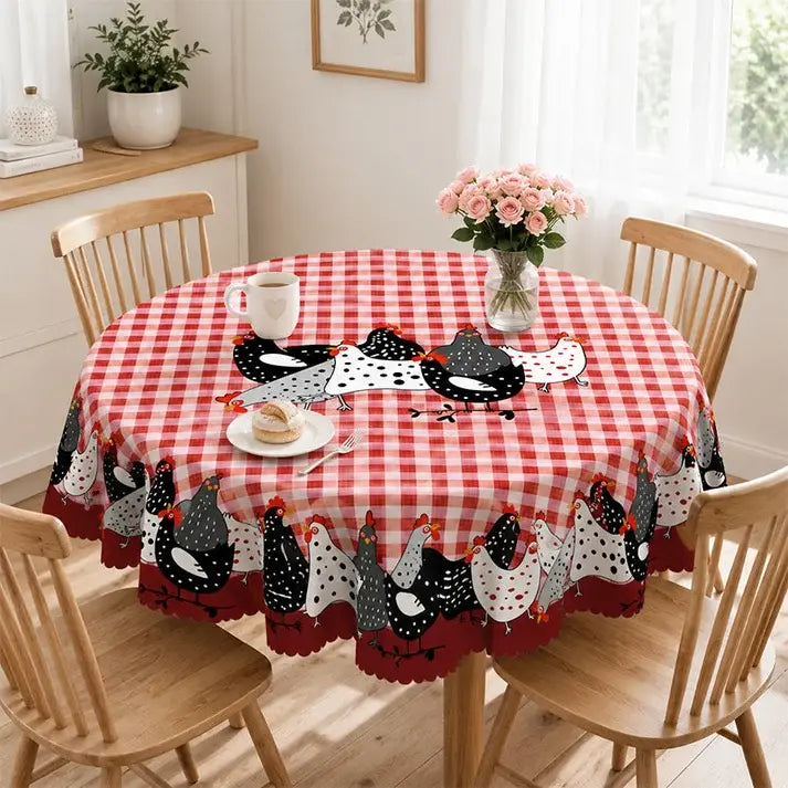 🐓 ¡50% DE DESCUENTO POR TIEMPO LIMITADO! ❤️ Mantel de gallo estilo granja: cubremesa con estampado de gallinas a cuadros rojos, resistente a derrames y con borde de encaje festoneado ✨