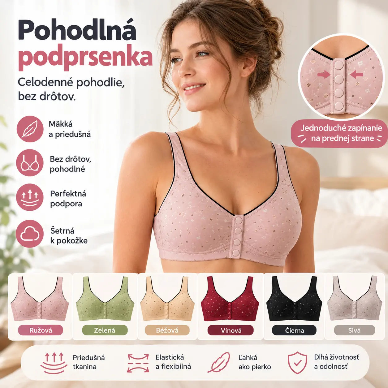 😍【3-dielne balenie】Dámska podprsenka bez kostic s gombíkmi vpredu 【40-120 kg】❤️Pohodlná antibakteriálna prírodná bavlna