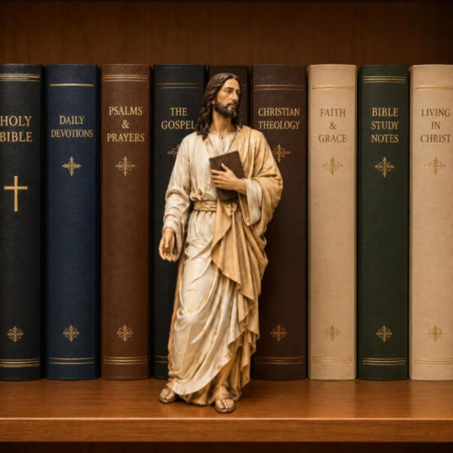 🔥 Último día: 50% de descuento - ✝️Conjunto de decoración de estantería con estatua de Jesús🙏Un compañero sagrado en tu camino diario de fe📚