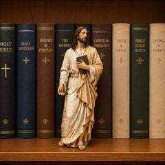 🔥 Último día: 50% de descuento - ✝️Conjunto de decoración de estantería con estatua de Jesús🙏Un compañero sagrado en tu camino diario de fe📚