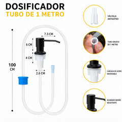 Dispensador de jabón para fregadero de cocina con tubo extensor y bomba de acero inoxidable integrada.