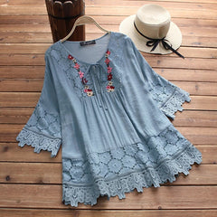 ❤️🔥【39%OFF】😍【S-5XL】Camisa casual de encaje con cuello en V de color sólido para mujer