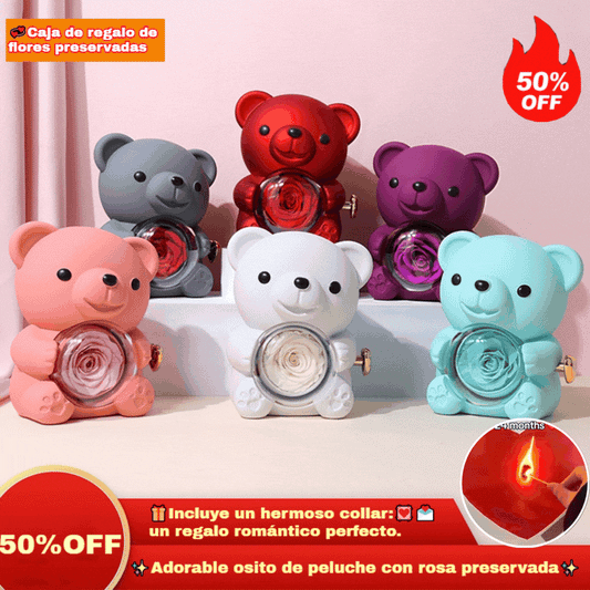 ✨Adorable osito de peluche con rosa preservada - Osito de peluche decorado con una rosa real, en una hermosa caja de regalo - Regalo romántico para el Día de la Madre, bodas, aniversarios, despedidas de soltera, Navidad y San Valentín.