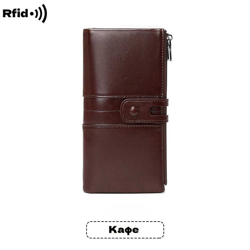 🔥50% de descuento💼 Cartera retro multifuncional de piel encerada para mujer, con diseño de doble cremallera y función antirrobo RFID.