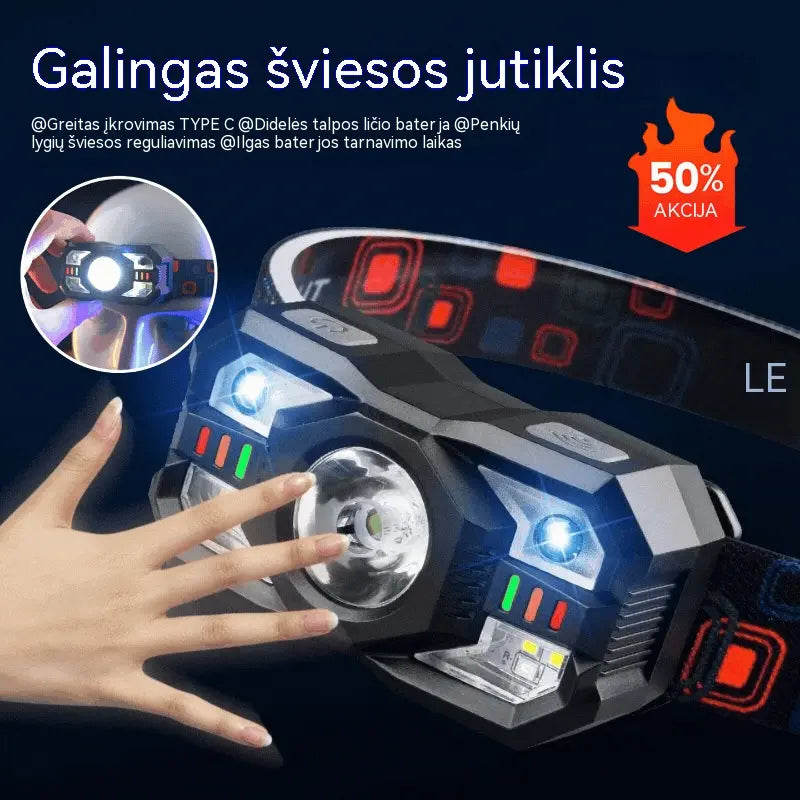 💡🌟Išmanus, jutikliu aktyvuojamas švyturėlis su ilgaamže baterija – ant galvos tvirtinamas naktinės žvejybos žibintas naudojimui lauke
