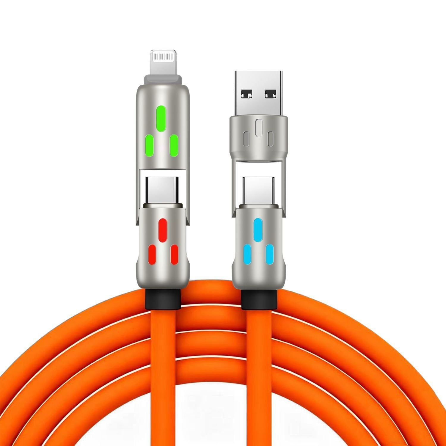 🔥 (2 metros de largo) Cable 4 en 1 PD 240 W – Carga rápida USB‑C, Lightning y USB‑A, aluminio y silicona, sincronización de datos ⚡📱