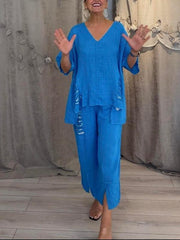 【Pantalones + Top】2025 Traje de dos piezas de lino y algodón con cuello en V para mujer