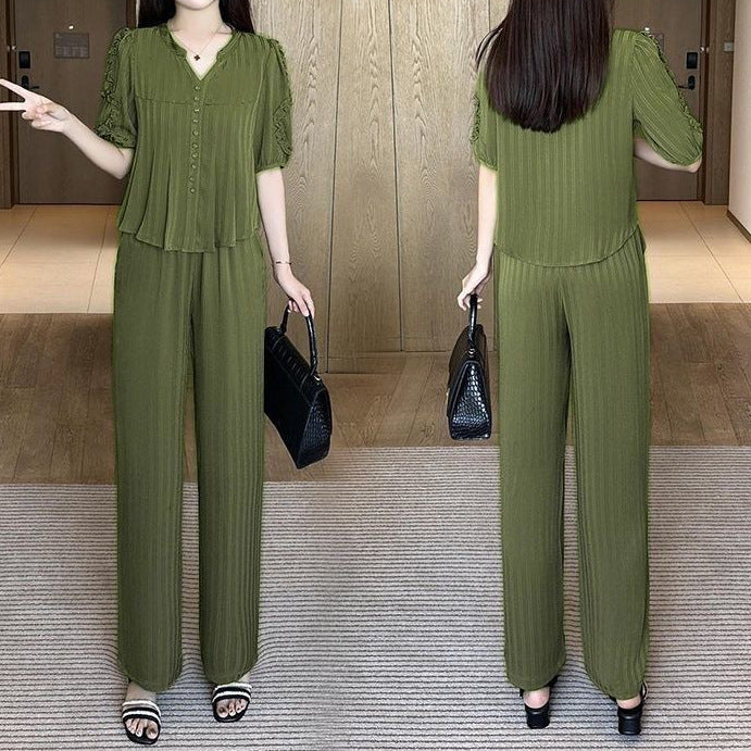 🌸【Top + Pantalones anchos】Traje de seda helada de moda