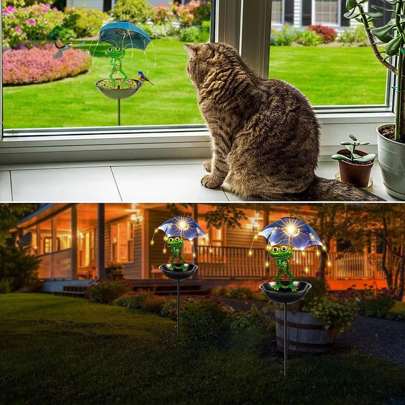 🐦🌞 Decoración Creativa para Jardín con Comedero para Pájaros y Luz Solar LED | Encanto Mágico para tu Patio 🐸✨