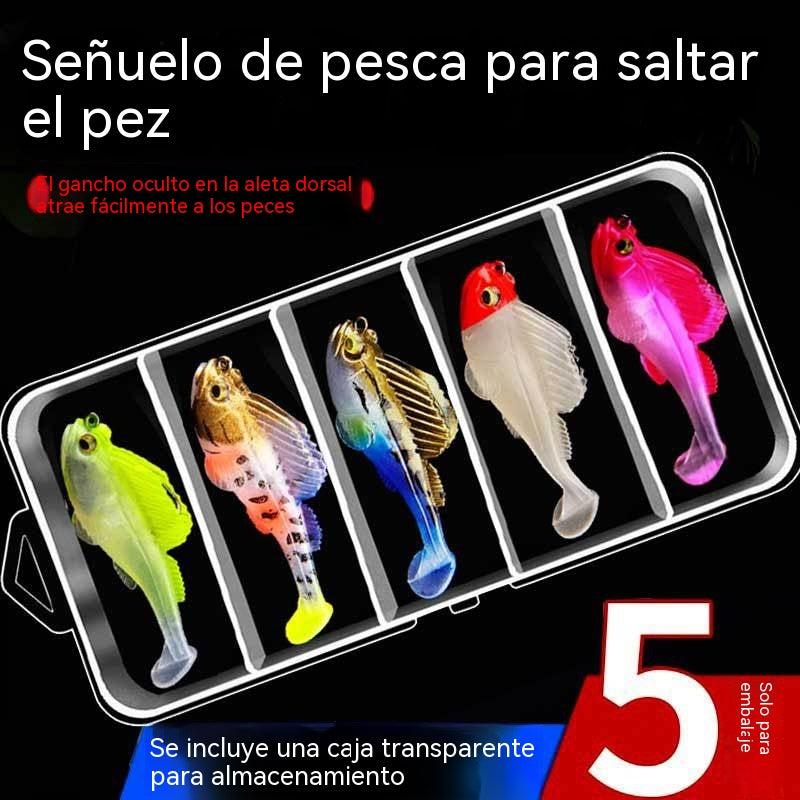 🐟🐠Juego de 5 señuelos blandos con cola en T y caja.