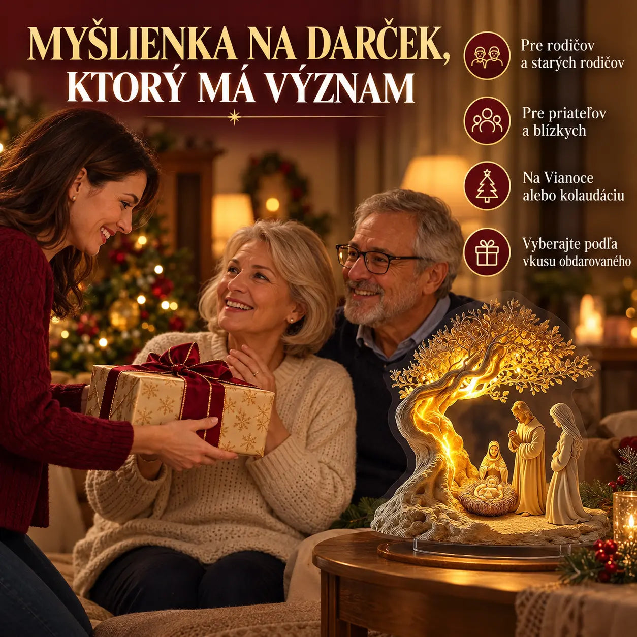 ✨🕯️Stolová dekorácia s motívom Narodenia Pána a stromom života – jemné svetlo pre sviatočnú atmosféru.