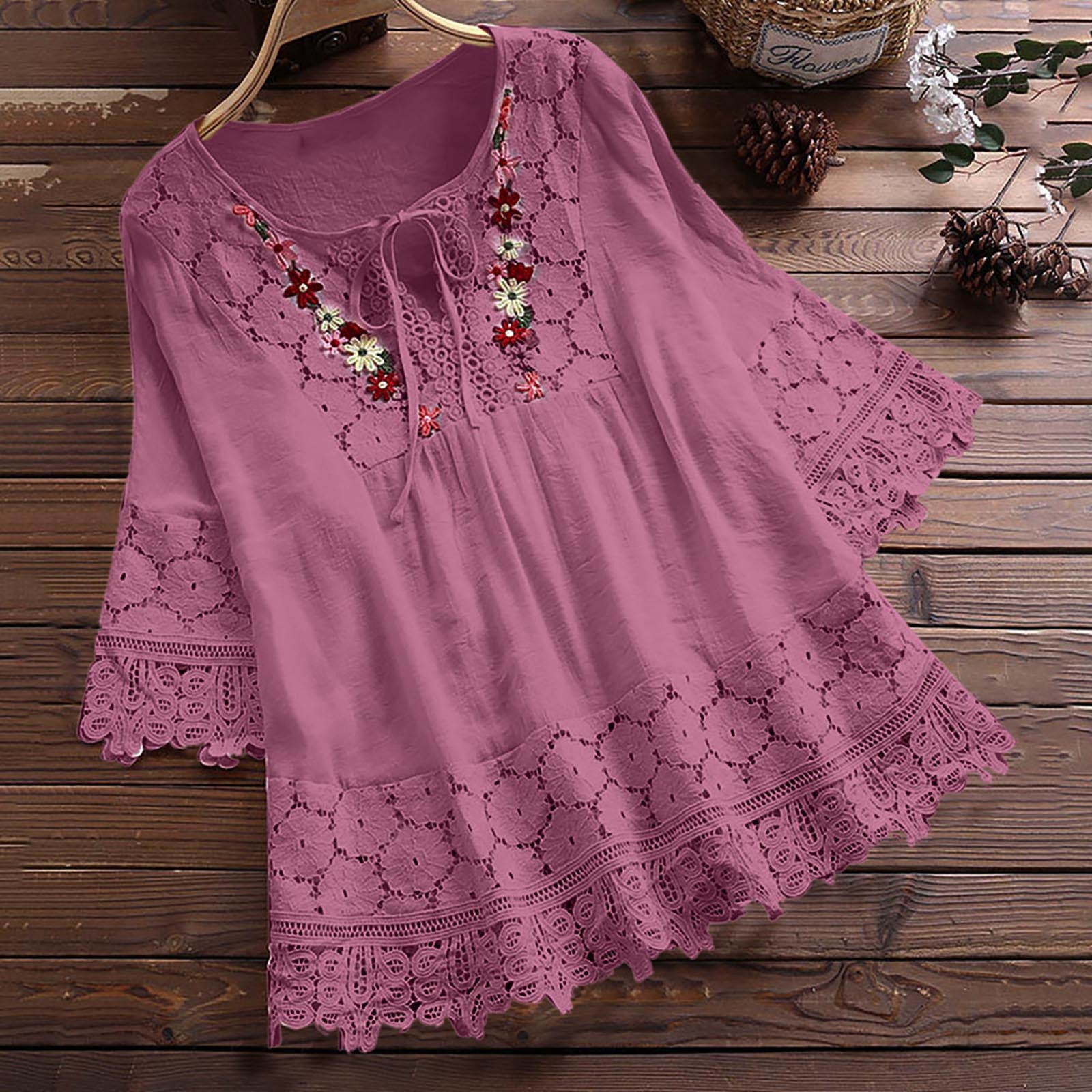 ❤️🔥【39%OFF】😍【S-5XL】Camisa casual de encaje con cuello en V de color sólido para mujer
