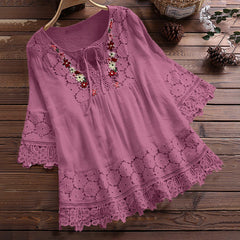 ❤️🔥【39%OFF】😍【S-5XL】Camisa casual de encaje con cuello en V de color sólido para mujer