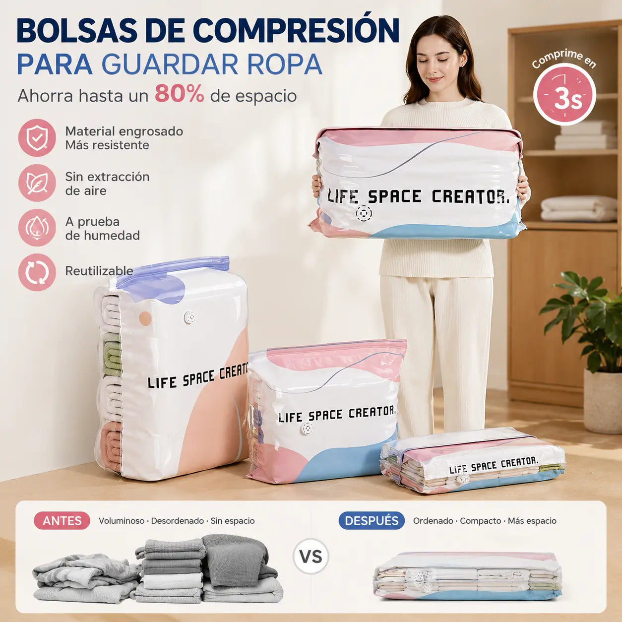 👕📦【5 piezas 28 euros】Bolsas de compresión para guardar ropa, no requieren vacío, diseño reforzado.