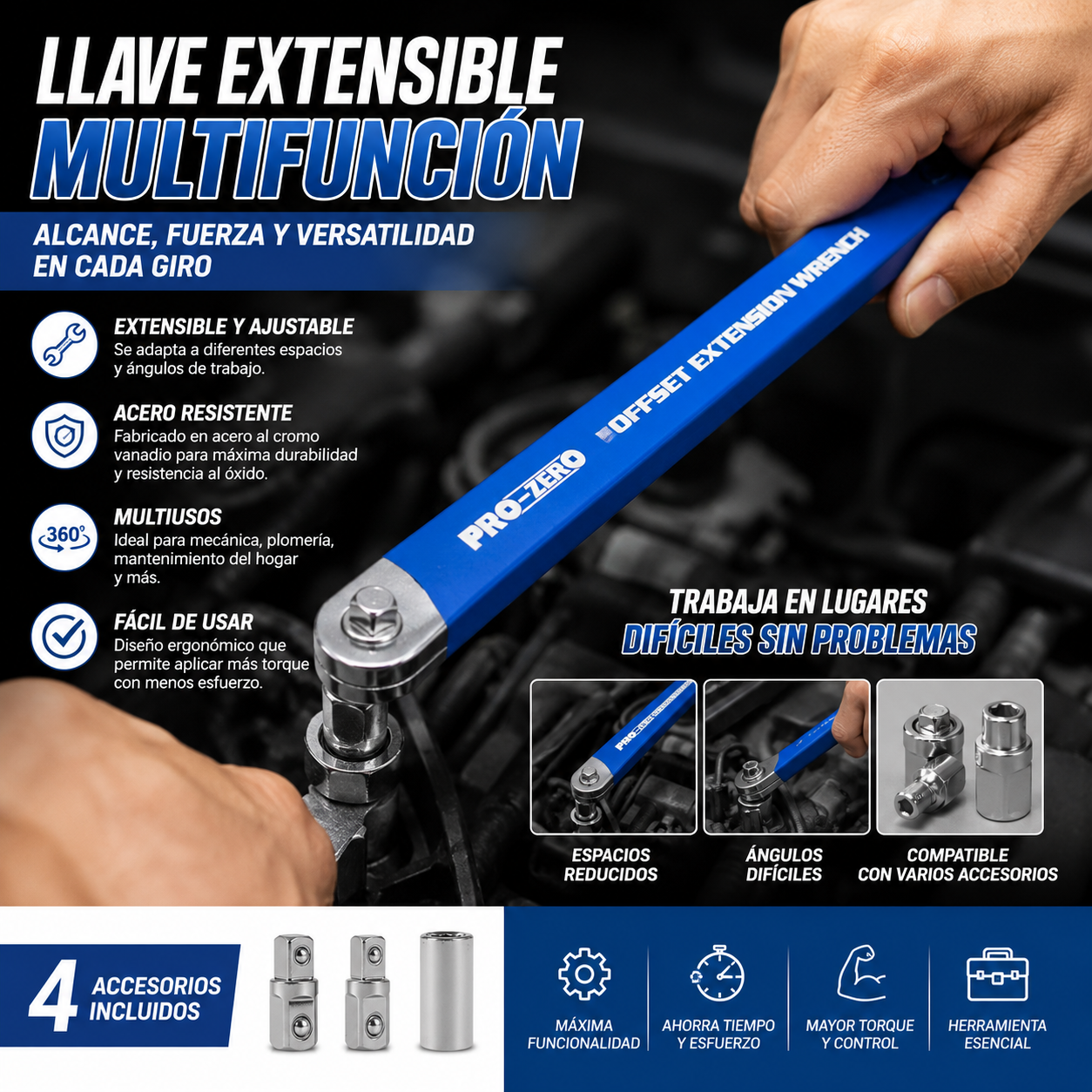【Juego de 5 piezas】🔥 Llave extensible multifunción ajustable — doble cara, ahorra esfuerzo y llega a espacios difíciles ⚙️💪
