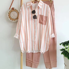 【S-5XL】Nueva conjunto de primavera a rayas, conjunto de dos piezas con mangas largas y pantalones.【Pantalones + Camisa】