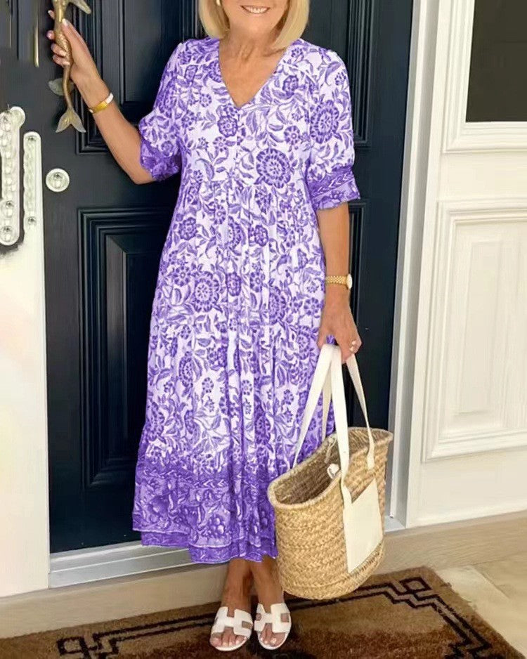 💃【S-3XL】2025 nuevo vestido largo floral elegante con cuello en V