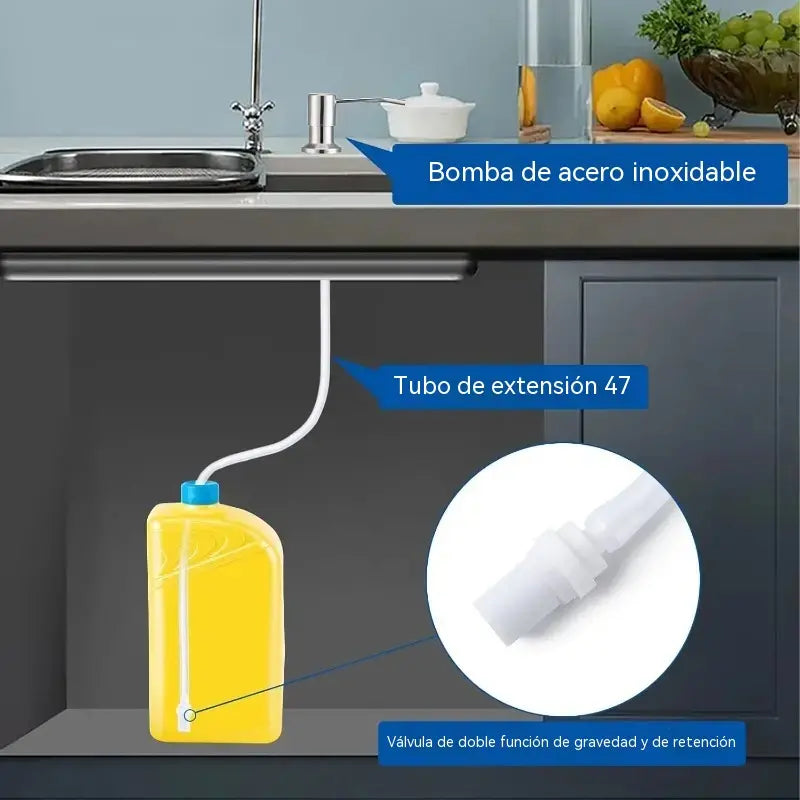 Dispensador de jabón para fregadero de cocina con tubo extensor y bomba de acero inoxidable integrada.