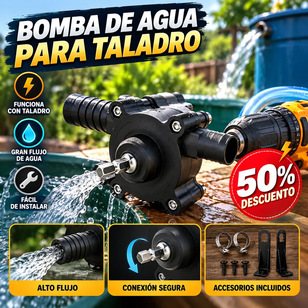 🌌🔩Bomba de Agua Portátil sin Electricidad – Compatible con Taladro, Autocebante y Práctica