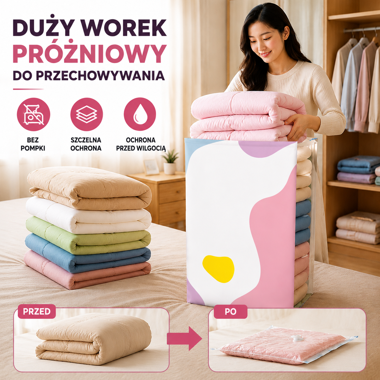 🧳【Zestaw 5 sztuk】💨 Duża, kompresyjna torba próżniowa: nie wymaga pompki, jest szczelna i idealnie nadaje się do oszczędzania miejsca w walizkach i w domu ✈️