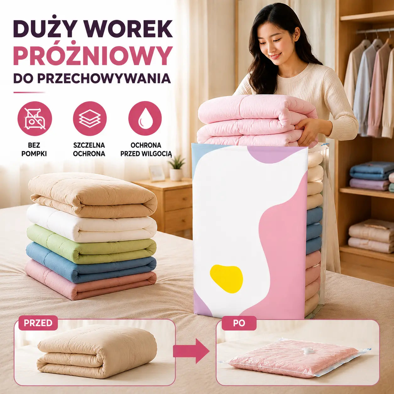 【Zestaw 5 sztuk】 Duża, kompresyjna torba próżniowa: nie wymaga pompki, jest szczelna i idealnie nadaje się do oszczędzania miejsca w walizkach i w domu