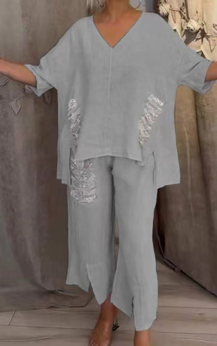 【Pantalones + Top】2025 Traje de dos piezas de lino y algodón con cuello en V para mujer