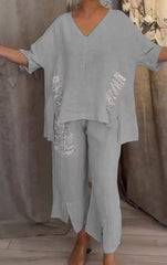 【Pantalones + Top】2025 Traje de dos piezas de lino y algodón con cuello en V para mujer