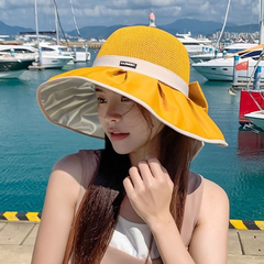 👒🎀Sombrero de sol de punto con lazo – UPF 50+, ala ajustable, perfecto para coletas