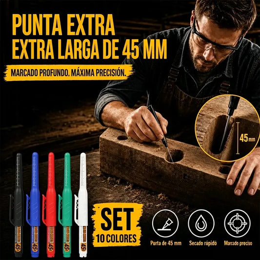 🖊️🔩【Juego de 10】Rotuladores de punta larga 45 mm para agujeros profundos – Recargables y reutilizables – Ideales para obra, azulejos y carpintería 🏗️✨