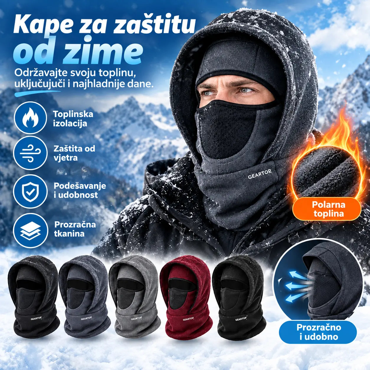 🎉🧣❄️ Topla, dvoslojna kapa od flisa otporna na vjetar koja štiti lice – idealna za zimu.