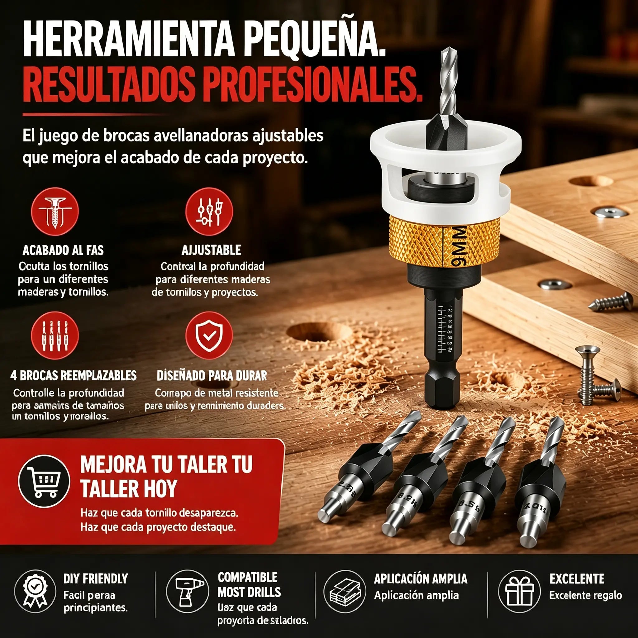 【Tope de profundidad + 4 brocas】🔩 Juego de brocas avellanadoras ajustables | Herramienta profesional para el acabado de tornillos en carpintería