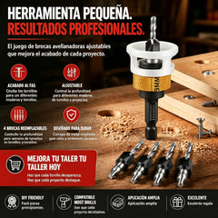 【Tope de profundidad + 4 brocas】🔩 Juego de brocas avellanadoras ajustables | Herramienta profesional para el acabado de tornillos en carpintería