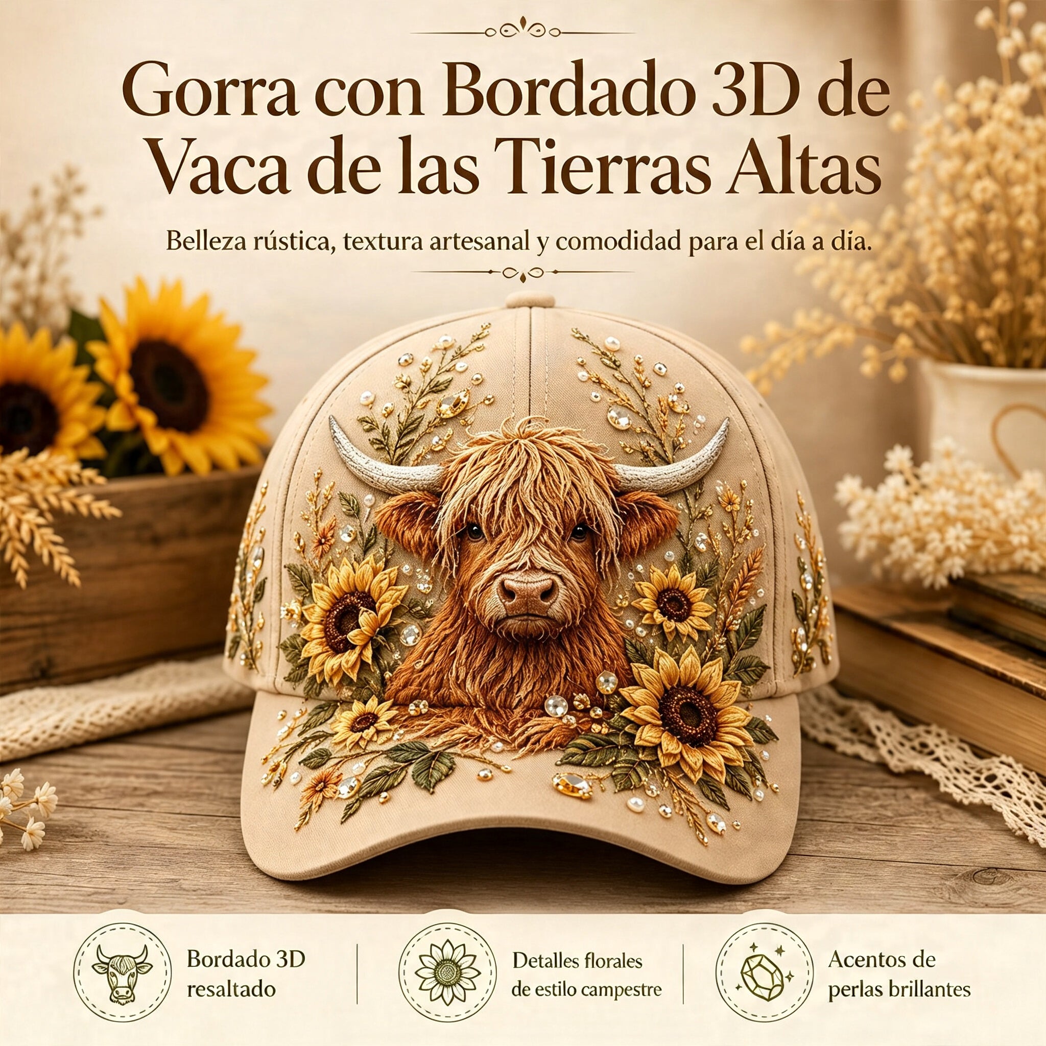 ✨Gorro con bordado 3D de vaca de las Tierras Altas🧢(Transpirable, ligero, cómodo y de corte unisex)