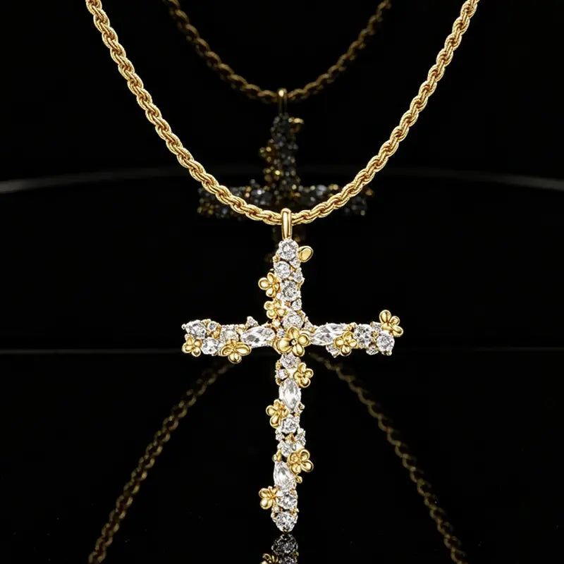 📢⏰ ¡50% DE DESCUENTO! ✨ Collar Cruz Radiante – Cadena Retorcida, Brillo de Pétalos