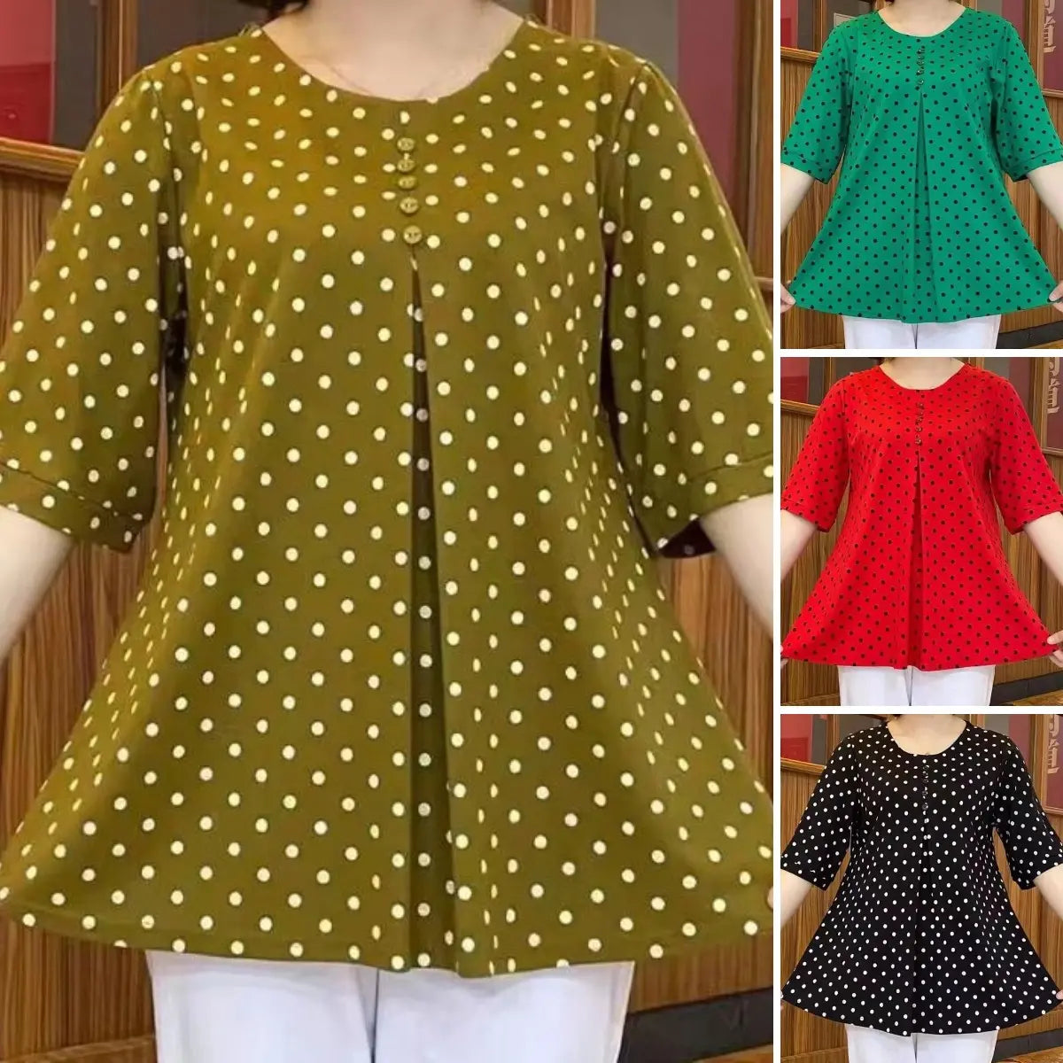 ❤️Camisa de manga corta con estampado de lunares de nuevo estilo✅Cubre la barriga y te hace lucir delgada✅Tela cómoda que no se decolora