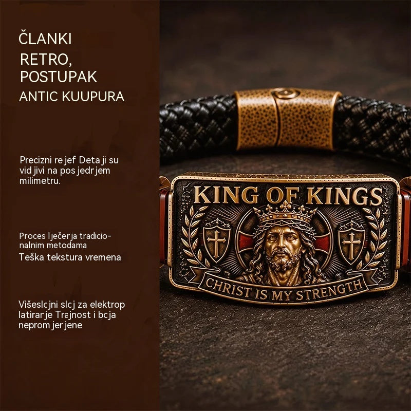 Podesiva kršćanska narukvica za muškarce, pletena koža s vjerskom porukom Isus, retro nakit, memorijalni poklon, vintage metal