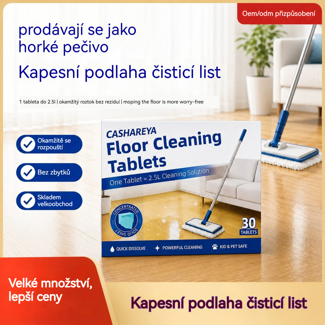 💦🏡【3 balenia, spolu 90 tabliet】Vo vode rozpustné čistiace obrúsky na podlahu