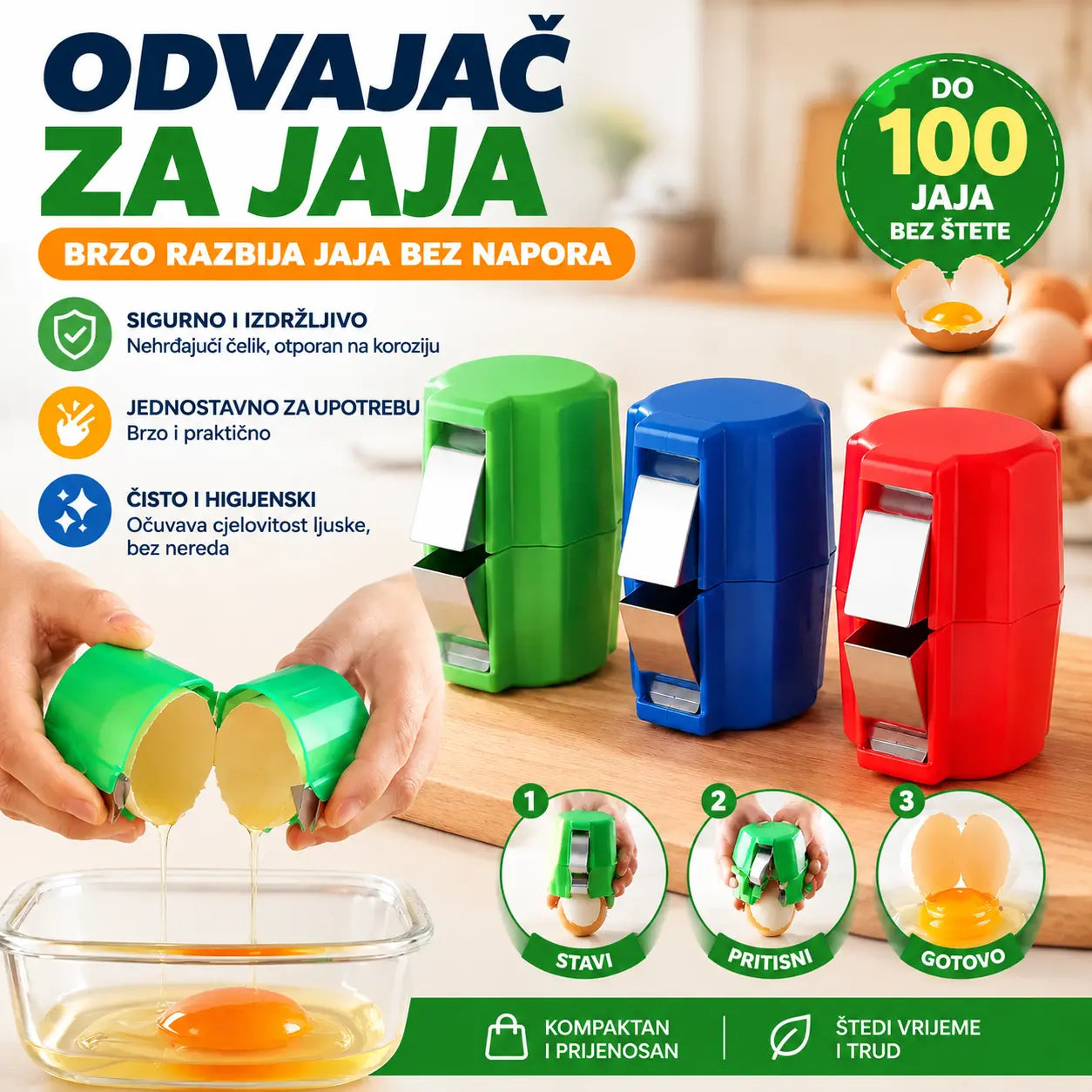 【3 komada】🍳 Brzi razbijač jaja: Razbija stotine jaja brže i čišće 🔥