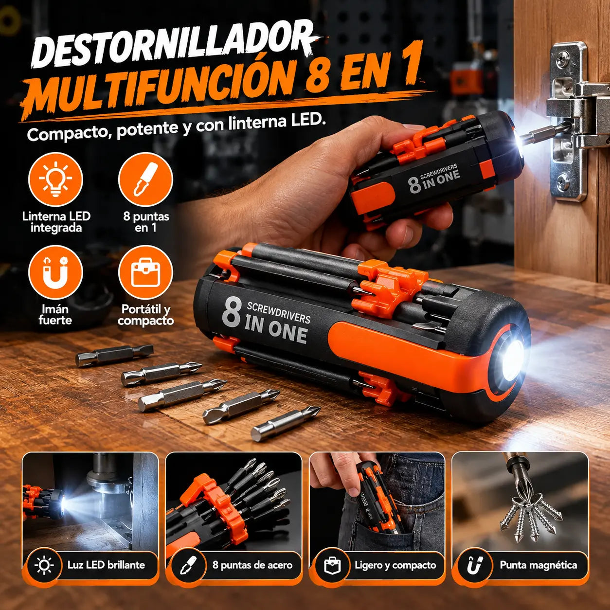 🎁 Lanzamiento de nuevo producto 2027 - 50% de descuento 💥 Destornillador plegable multicabezal 8 en 1 con luz LED