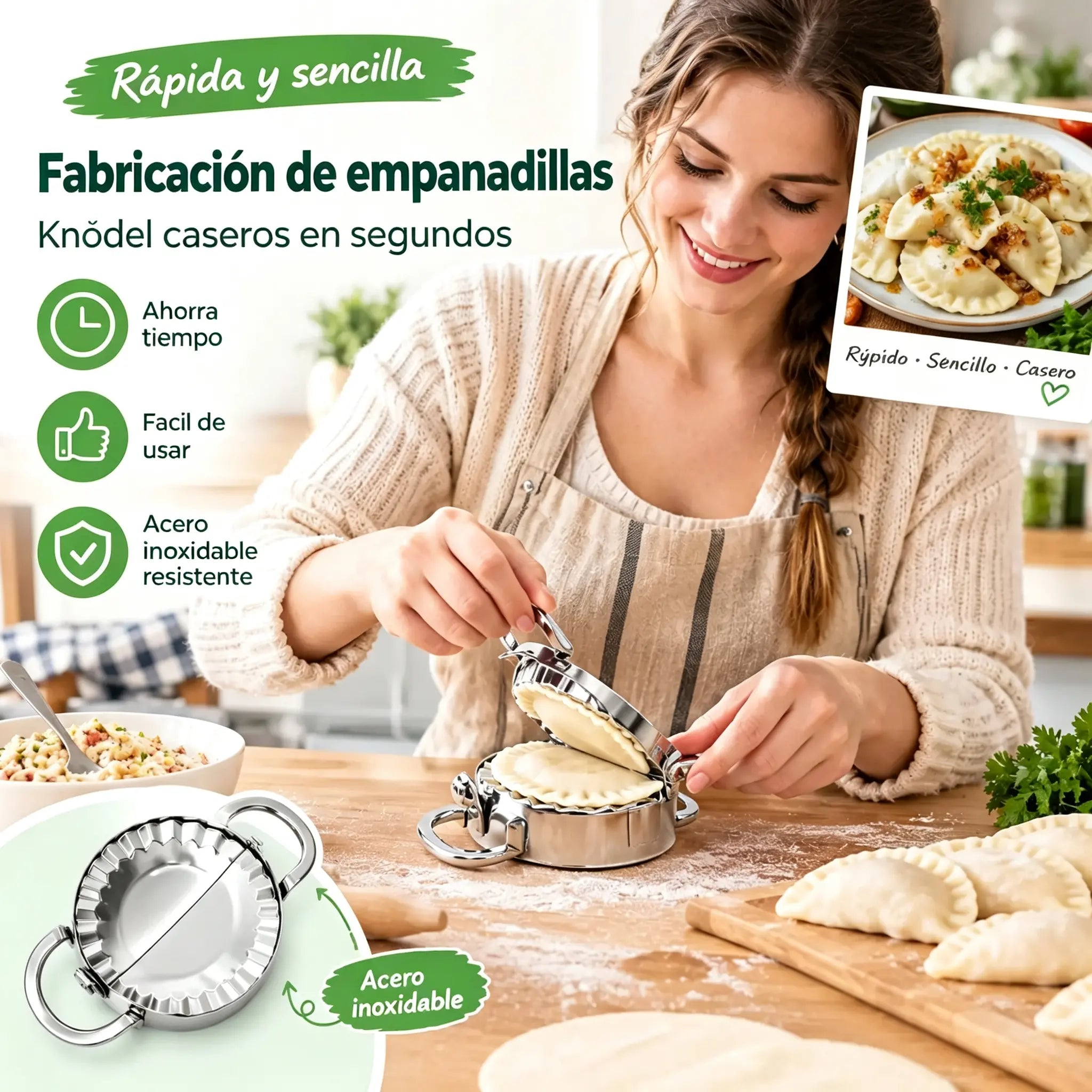 🥟Cortador 8,5 cm + Molde para dumplings 8,5 cm✨ ¡Dumplings caseros con un acabado perfecto en minutos!✨ Acero inoxidable de grado alimentario