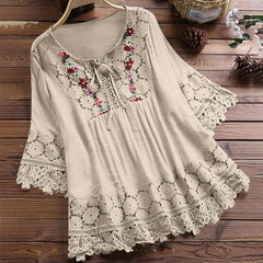 ❤️🔥【39%OFF】😍【S-5XL】Camisa casual de encaje con cuello en V de color sólido para mujer