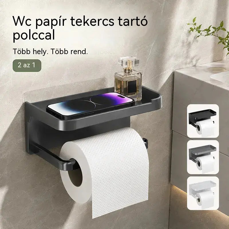 Falra szerelhető WC-papírtartó kiegészítőkkel, masszív talppal, modern fürdőszobai polccal, könnyen felszerelhető, mobiltelefonok és egyéb tárgyak tárolására alkalmas.
